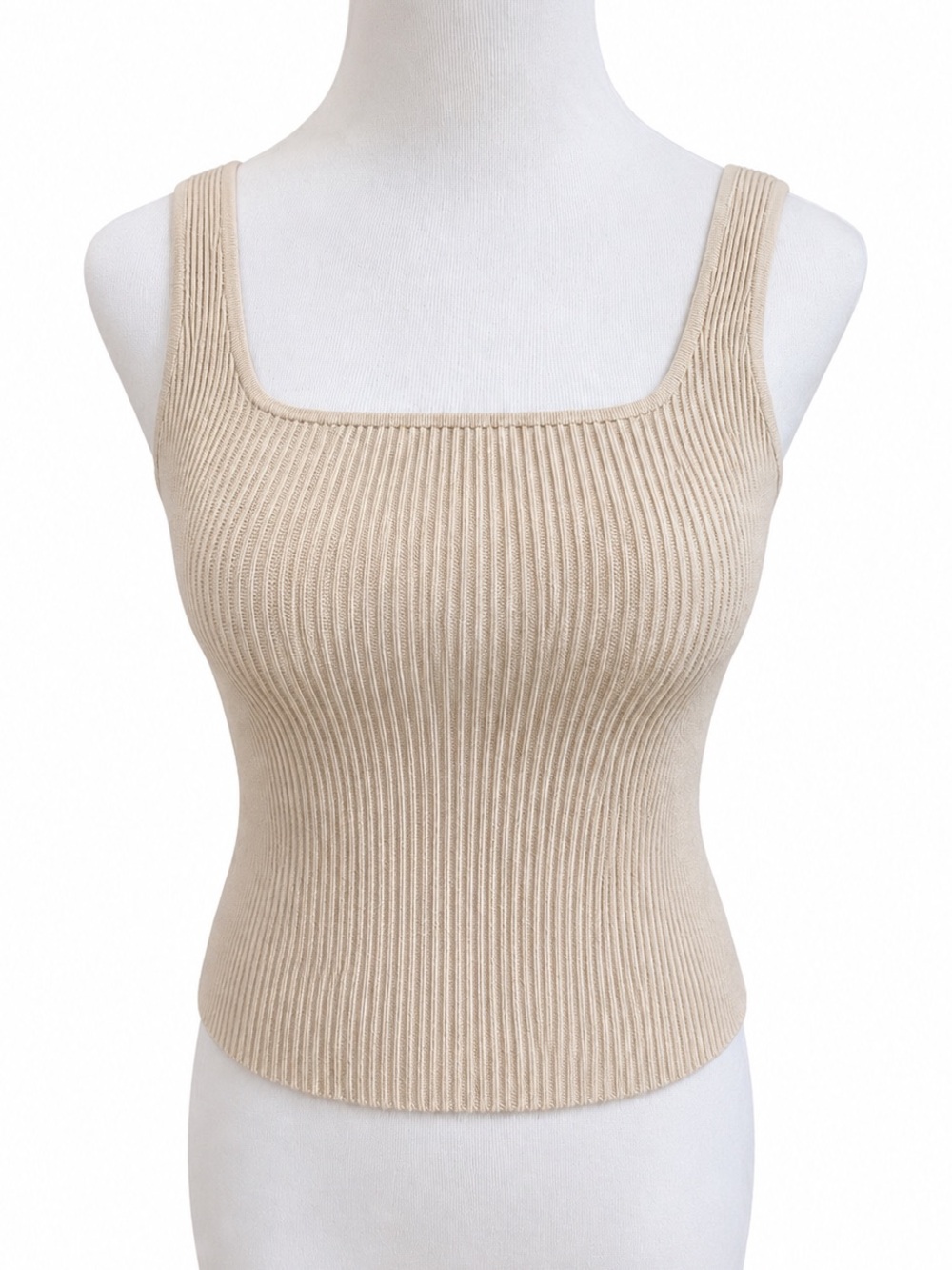 Babaton Beige Ribbed Square-Neck Tank Extra Small